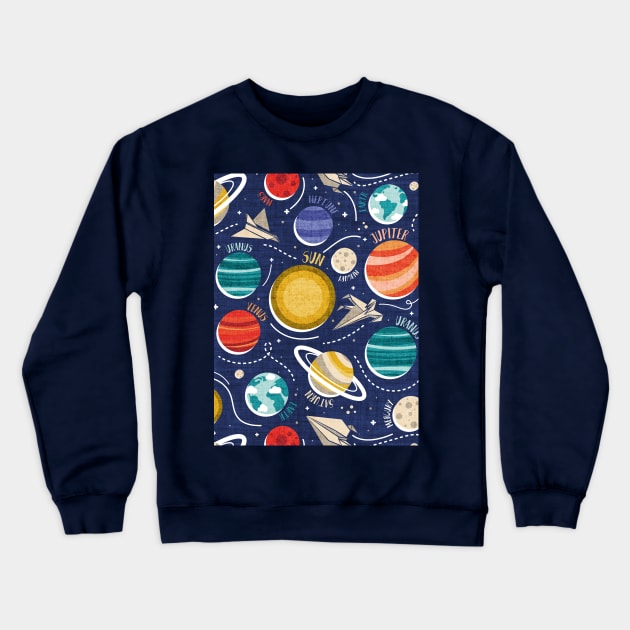 Paper space adventure I // pattern // navy blue background multicoloured solar system paper cut planets origami paper spaceships and rockets Crewneck Sweatshirt by SelmaCardoso